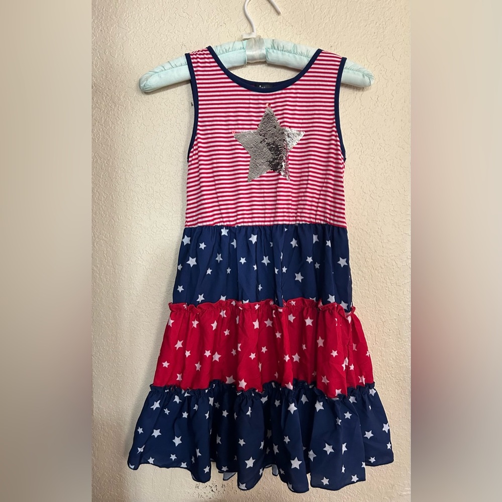 Girl’s star spangled dress: Red, White, and Navy Blue with Silver Star